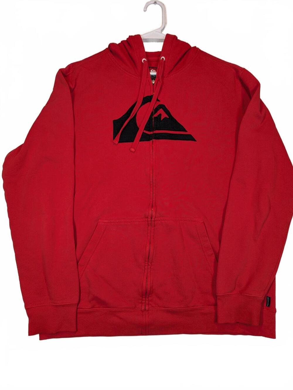 Quiksilver Full Zip Hoodie Red Logo Fleece Sweatshirt Mens XL